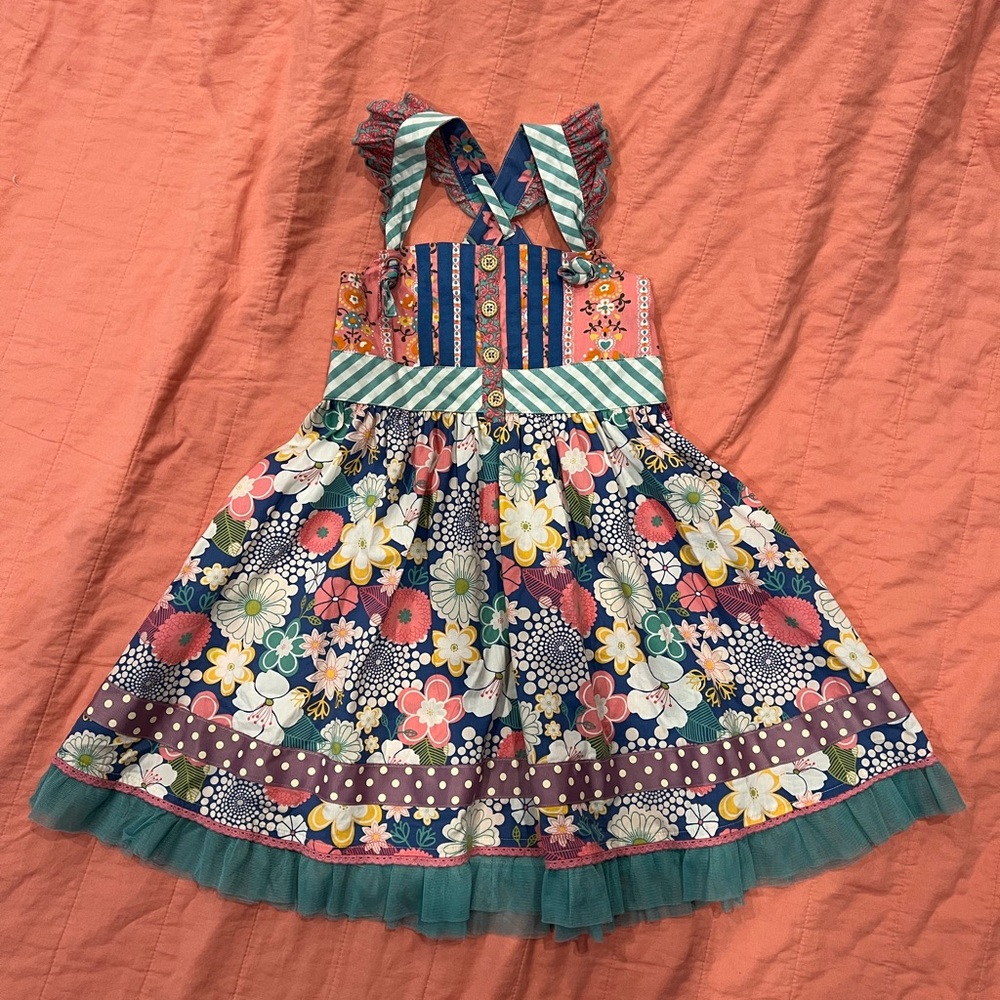 Lovely Matilda Jane Pink and Blue Apron Dress Size 6